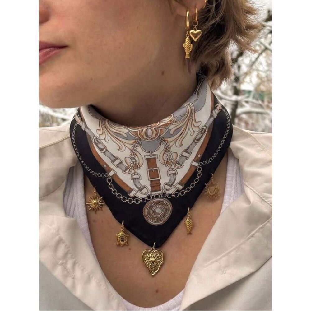 Gold Charm Necklace and Earrings Set with Black & Cream Scarf R 486